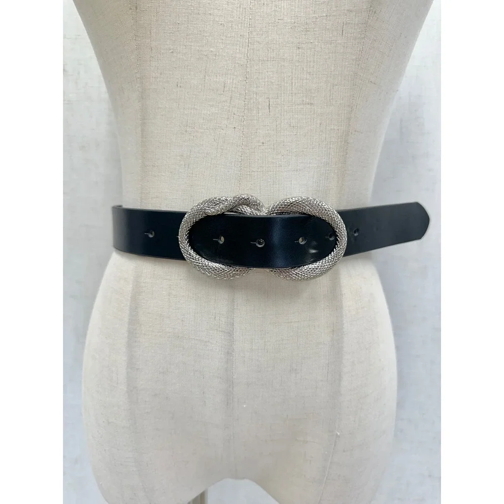 Double Snake Silver Textured Infinity Buckle Black Faux Leather Belt Size M